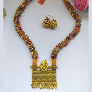 Orange Ajrakh Fabric Beads Necklace