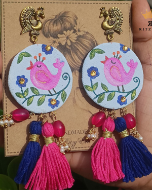 Hand-painted Tassel Earrings - Pink Bird Blossom