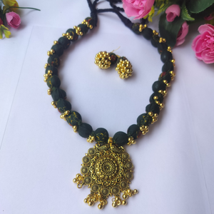 Bottle green fabric beads Necklace