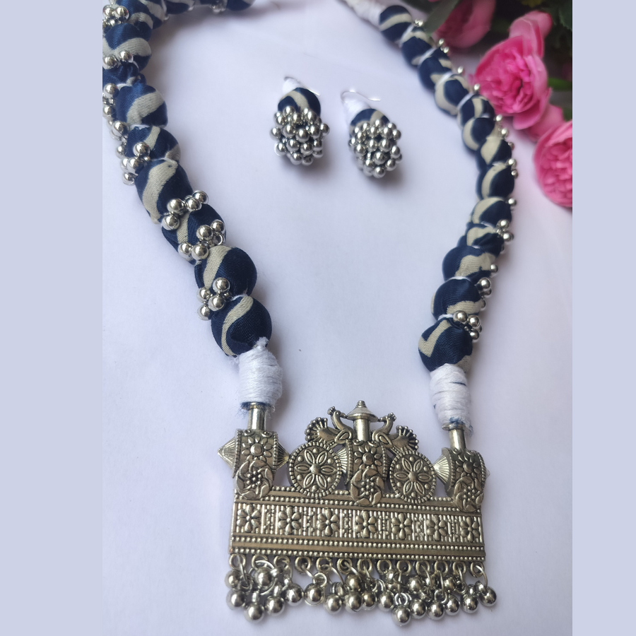 Indigo Ajrakh fabric beads Necklace