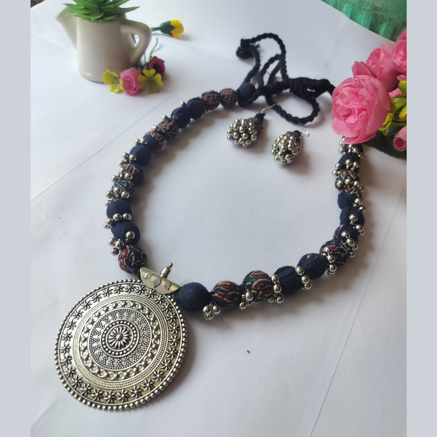 Dark Blue Ajrakh Fabric BeadsNecklace