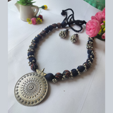 Dark Blue Ajrakh Fabric BeadsNecklace
