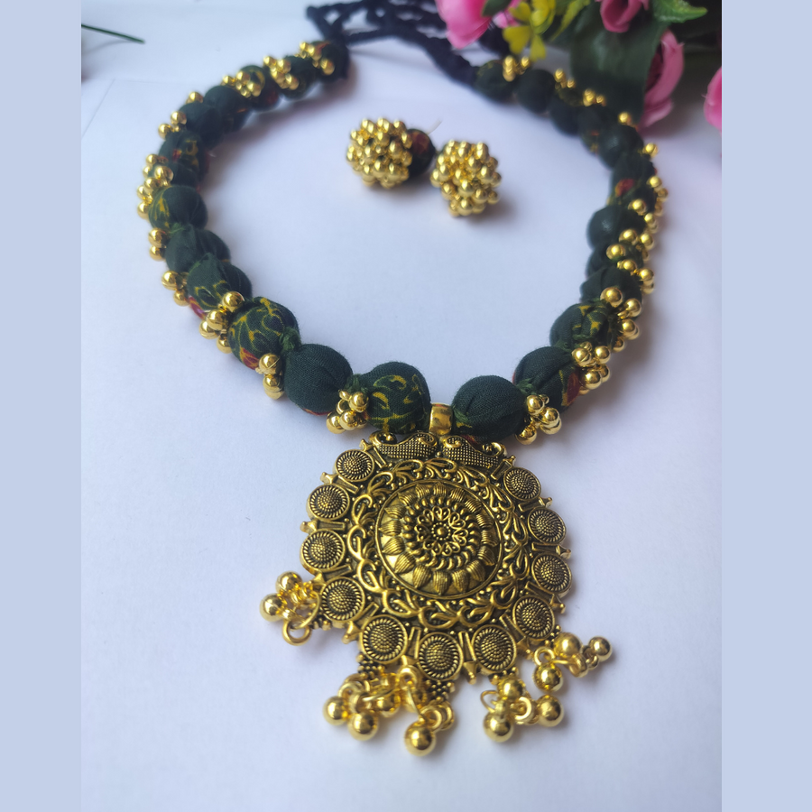 Bottle green fabric beads Necklace