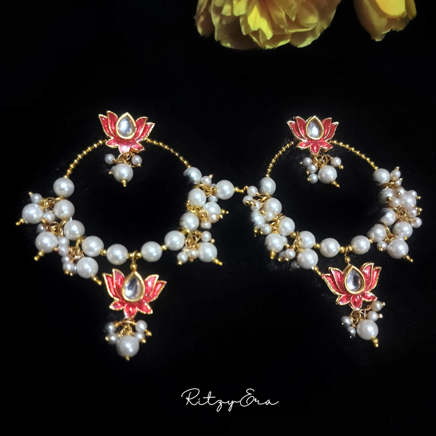 Red Lotus Pearl Hoop Earrings
