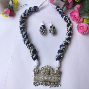 Indigo Ajrakh fabric beads Necklace