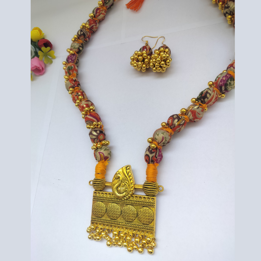 Orange Ajrakh Fabric Beads Necklace