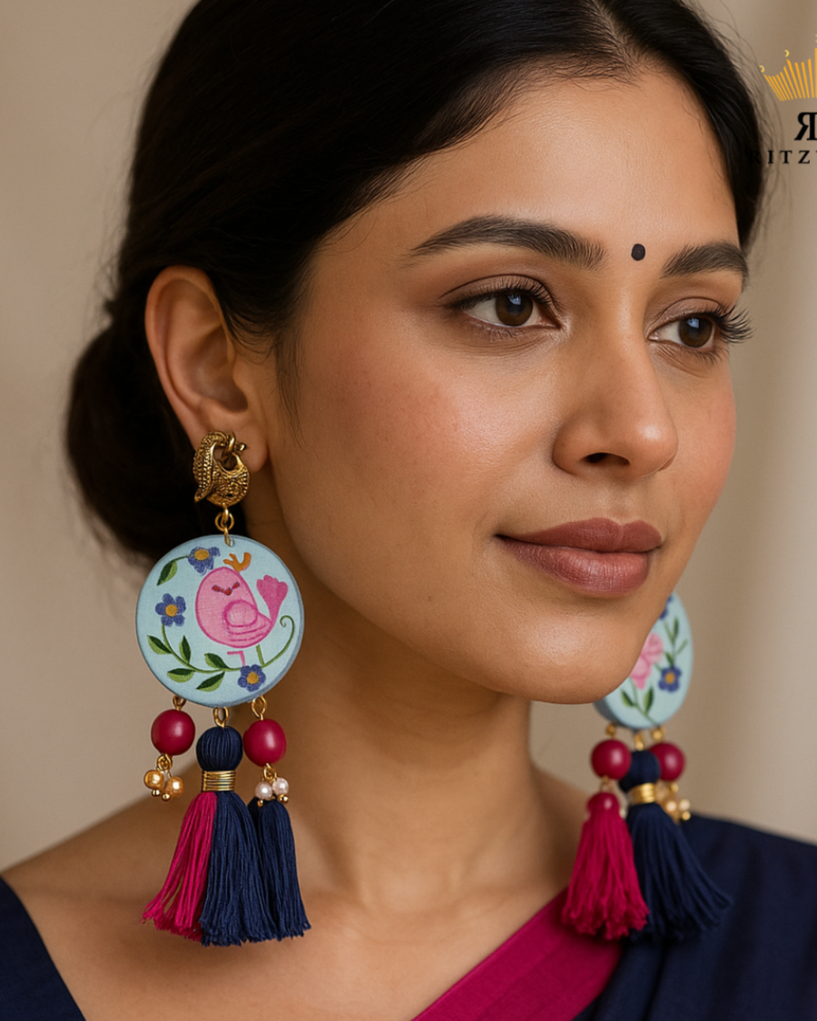 Hand-painted Tassel Earrings - Pink Bird Blossom