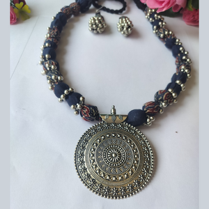 Dark Blue Ajrakh Fabric BeadsNecklace