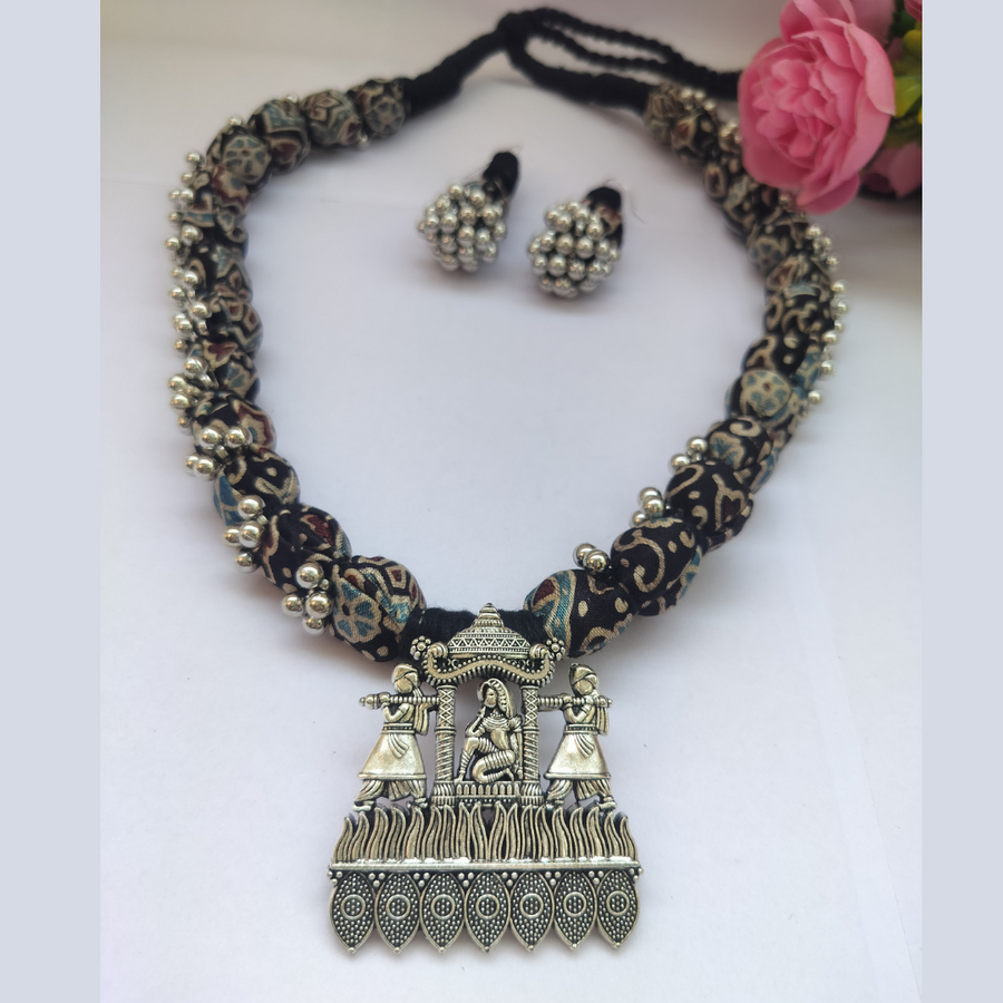 Blue-Black Ajrakh Fabric beads Necklace