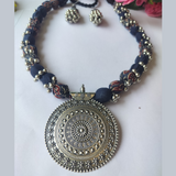 Dark Blue Ajrakh Fabric BeadsNecklace
