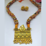 Orange Ajrakh Fabric Beads Necklace