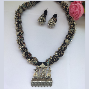 Blue-Black Ajrakh Fabric beads Necklace