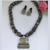 Blue-Black Ajrakh Fabric beads Necklace