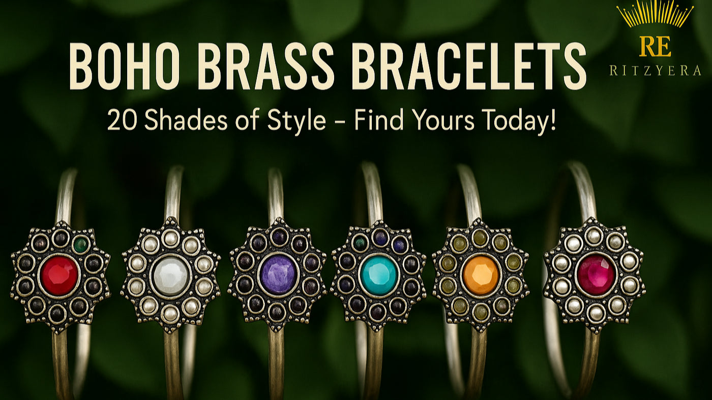 Boho brass bracelets with colorful stones on a dark green background, featuring the brand 'RE Ritzyera'.
