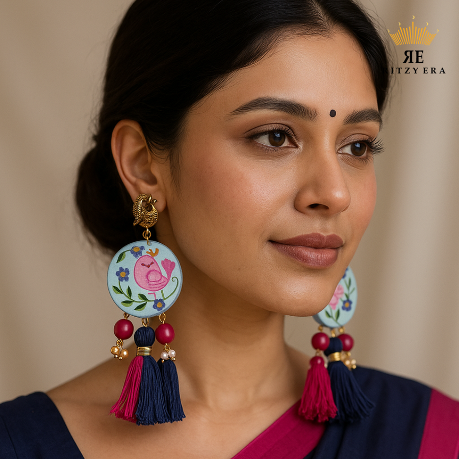 Hand-painted Tassel Earrings - Pink Bird Blossom