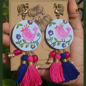 Hand-painted Tassel Earrings - Pink Bird Blossom