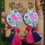 Hand-painted Tassel Earrings - Pink Bird Blossom